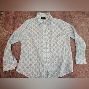 French curve soft cotton patterned teal and white button down top size medium